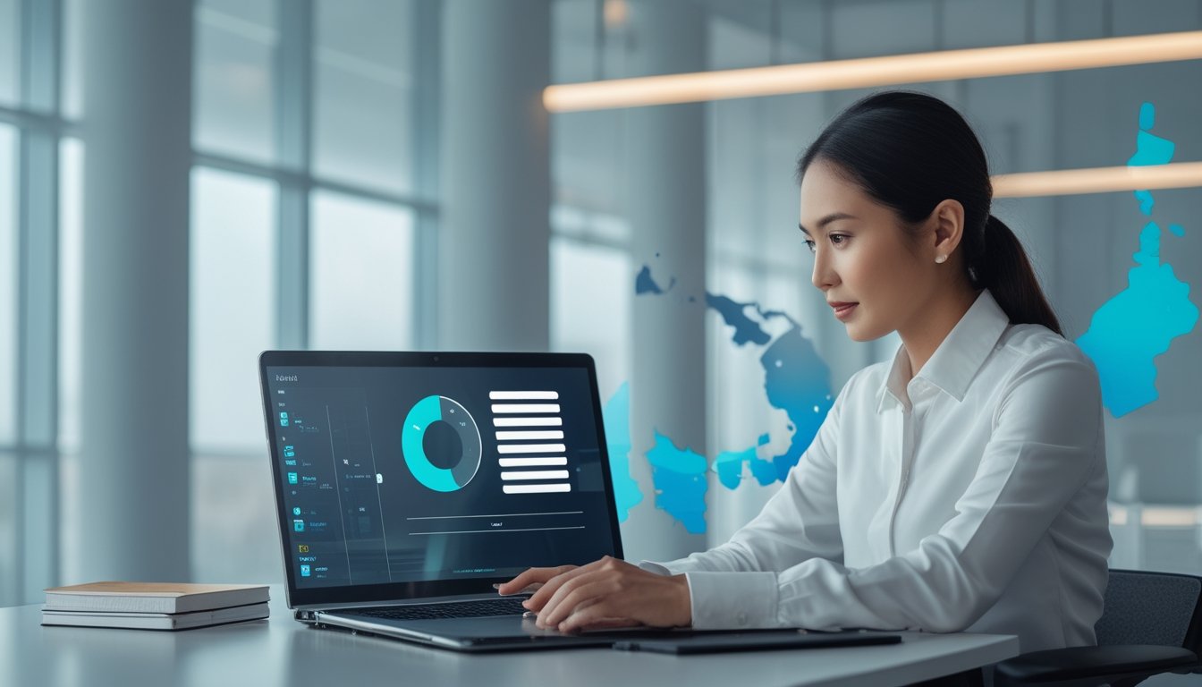 Seorang analis Indonesia meninjau antarmuka digital abstrak di laptop dalam suasana kantor modern.