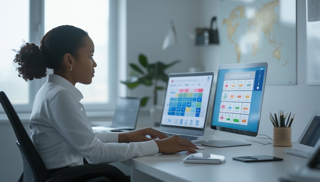 Orang dewasa menggunakan laptop dan ponsel untuk melihat antarmuka digital dengan grafik abstrak di ruang kerja modern.