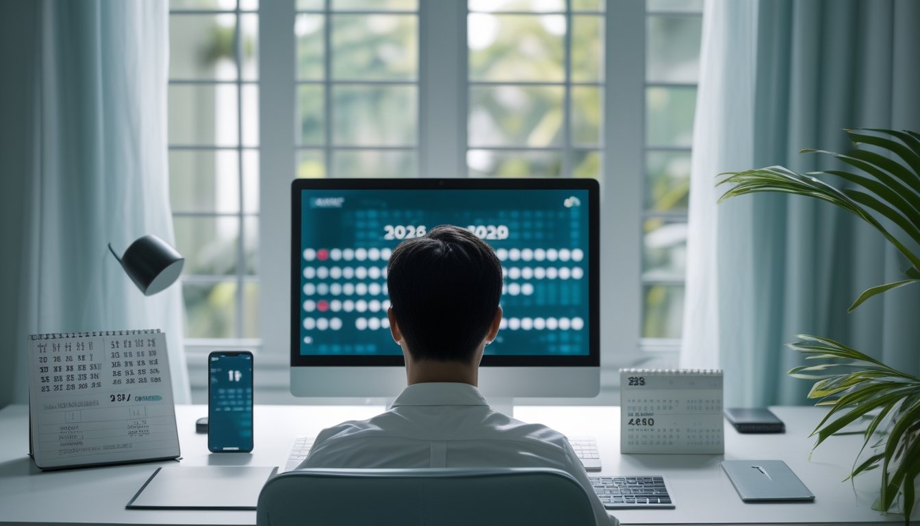 Seseorang mempelajari data angka abstrak di laptop pada meja kerja modern.