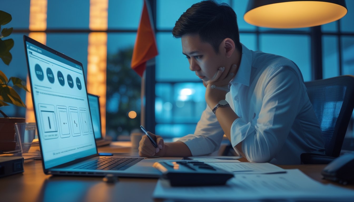 Seorang profesional Indonesia memeriksa perangkat digital dan dokumen hukum di meja kerja dengan ekspresi waspada.