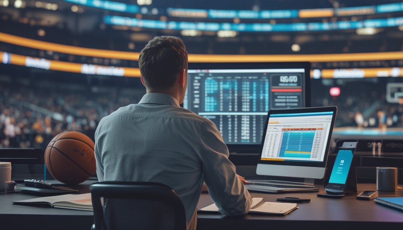 Seorang analis olahraga meninjau statistik pertandingan basket malam hari dengan kalkulator dan catatan di meja.