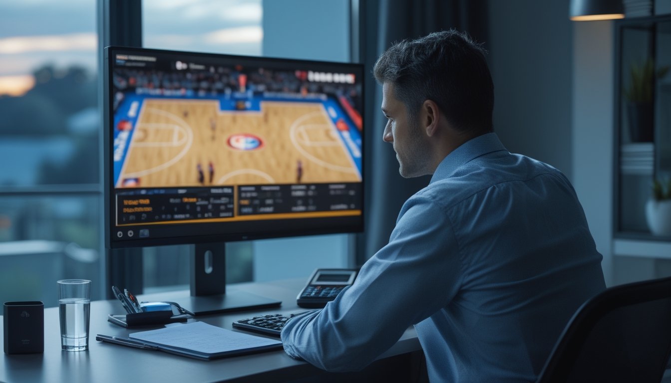 Seseorang mempersiapkan analisis pertandingan bola basket di meja kerja sebelum memasang taruhan.