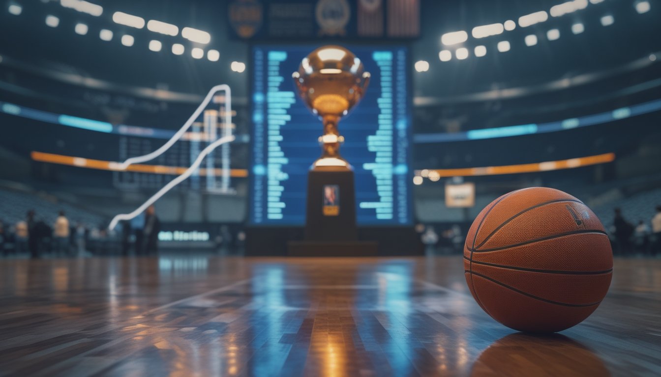 Bola basket dan trofi kejuaraan di lapangan arena dengan elemen grafik analisis yang samar di latar belakang.