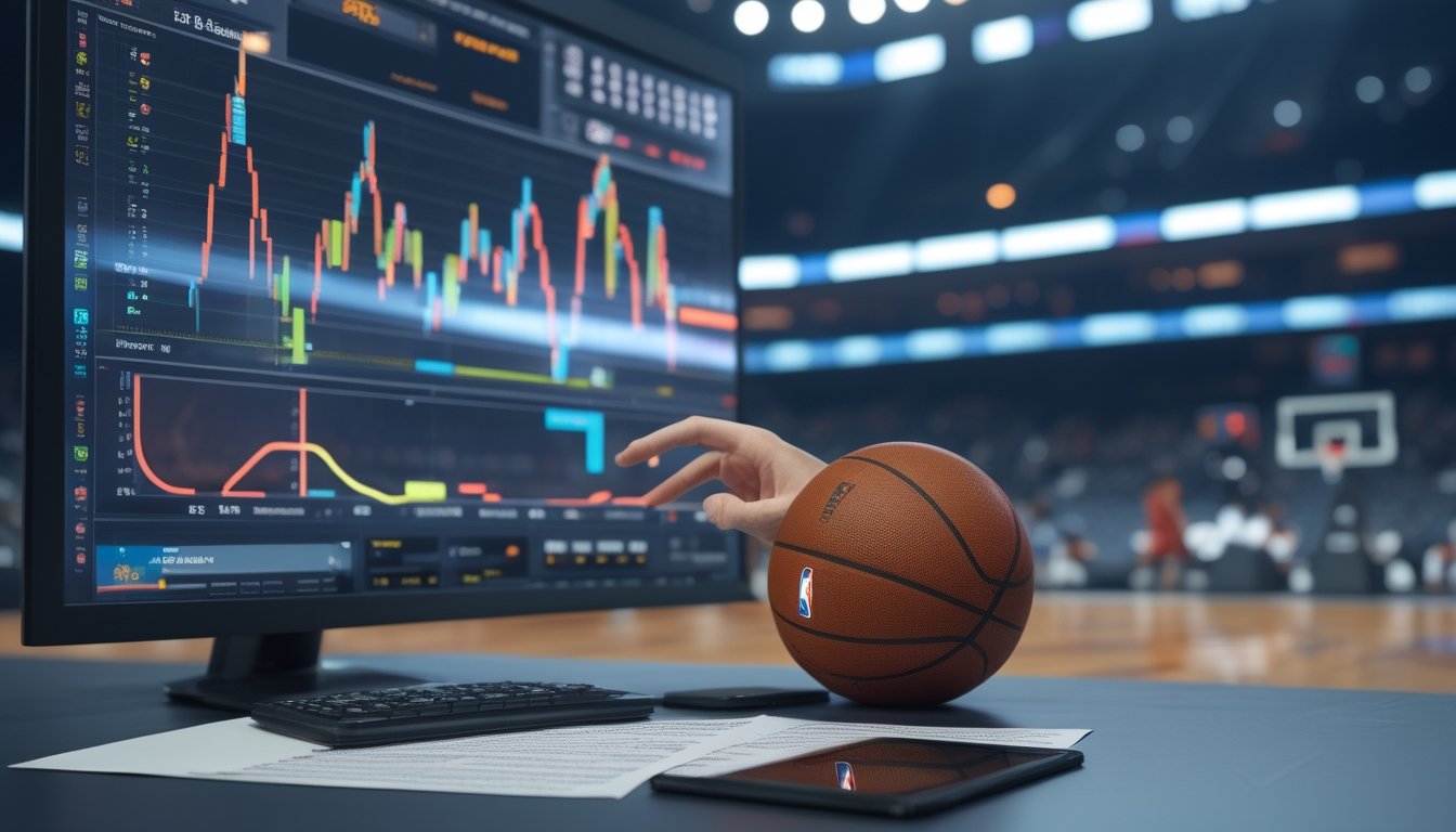 Meja analisis olahraga dengan bola basket, grafik data abstrak, kalkulator, dan suasana arena basket yang buram di latar belakang.