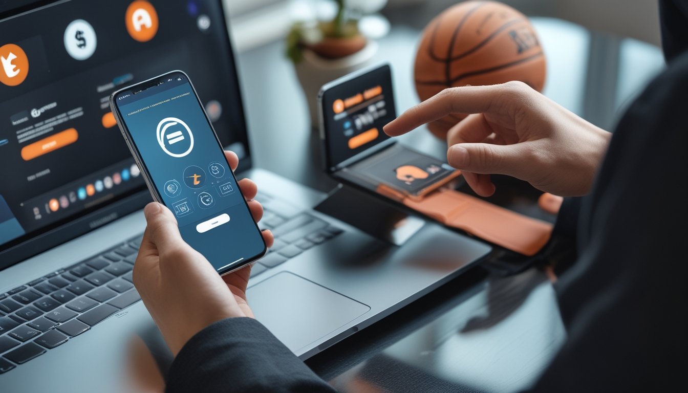 Tangan menggunakan dompet digital di samping laptop dengan tampilan pertandingan bola basket.