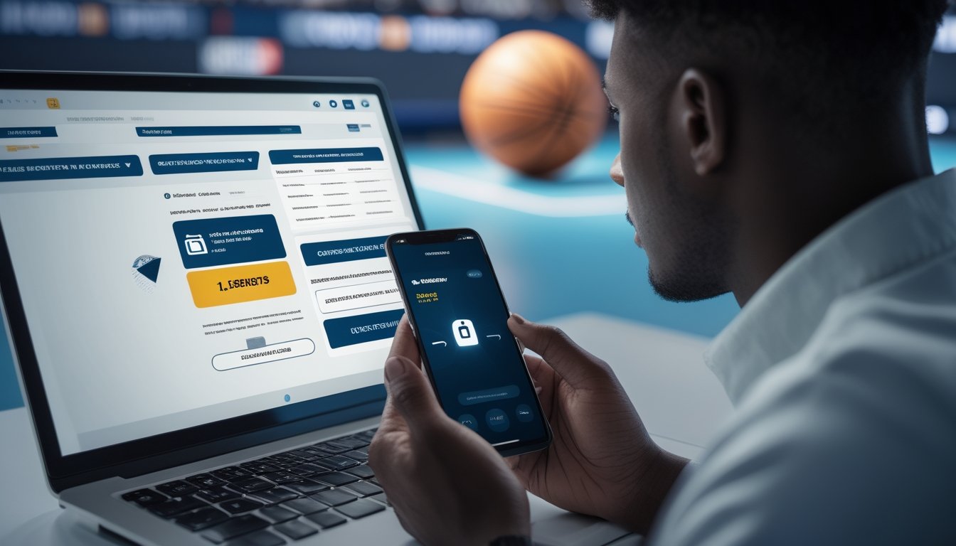 Orang dewasa memverifikasi akun dan menyiapkan setoran melalui dompet digital di depan laptop bertema bola basket.