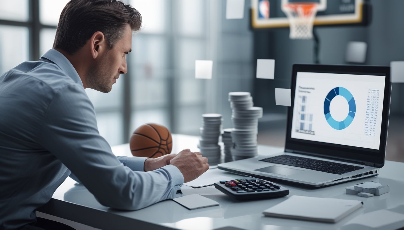 Seorang analis menyusun anggaran taruhan di meja dengan kalkulator, token taruhan, bola basket, dan laptop.