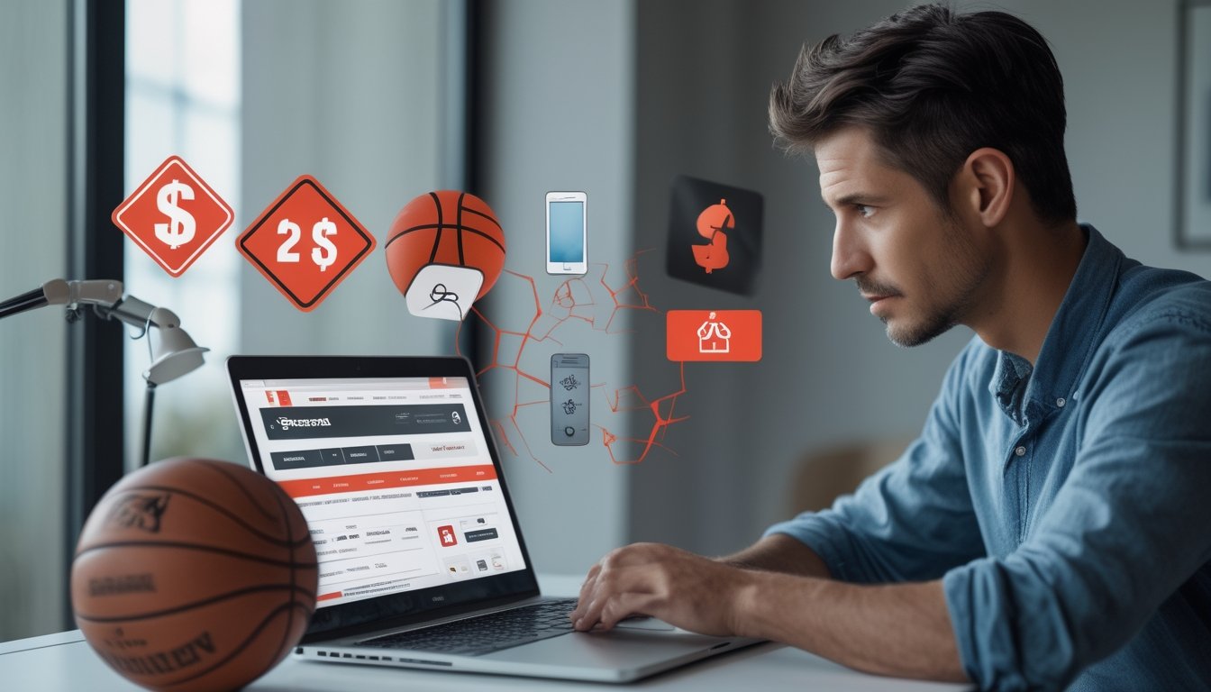 Seseorang memeriksa situs taruhan olahraga yang mencurigakan di laptop dengan simbol peringatan keamanan di sekitarnya.
