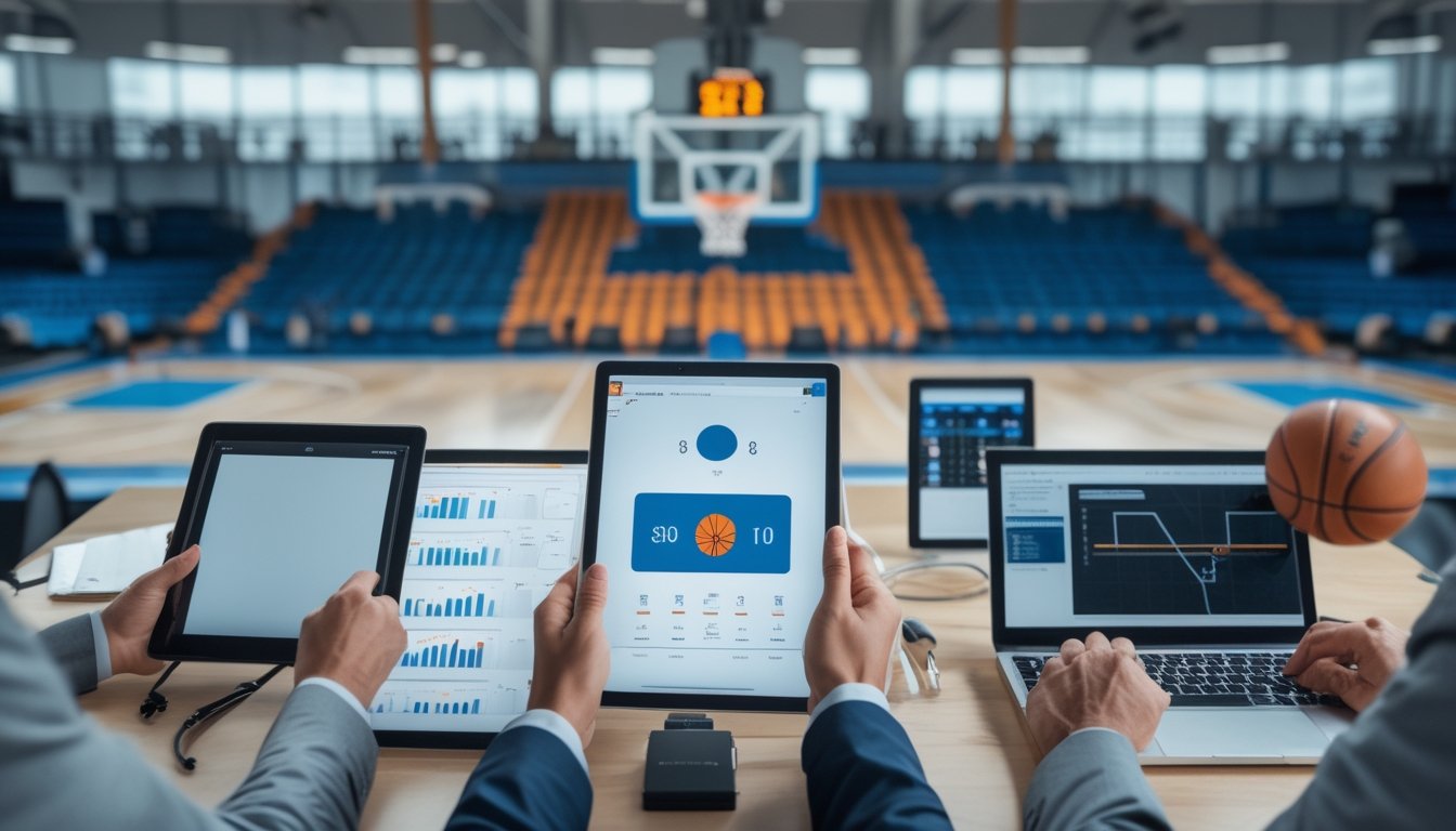 Tim analis dewasa membandingkan data pertandingan basket di ruang kerja modern dengan bola basket dan perangkat digital.
