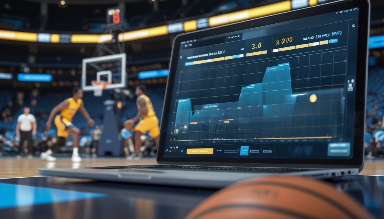 Pemain basket bertanding di arena dengan perangkat yang menampilkan analisis pertandingan secara abstrak.