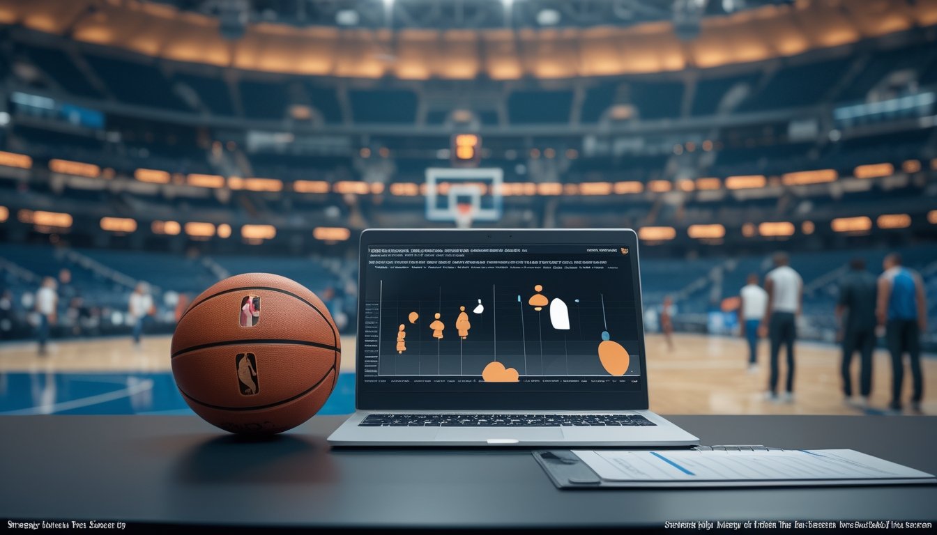 Meja analisis dengan bola basket, laptop berisi grafik abstrak, dan arena basket dengan pemain yang sedang melakukan pemanasan.
