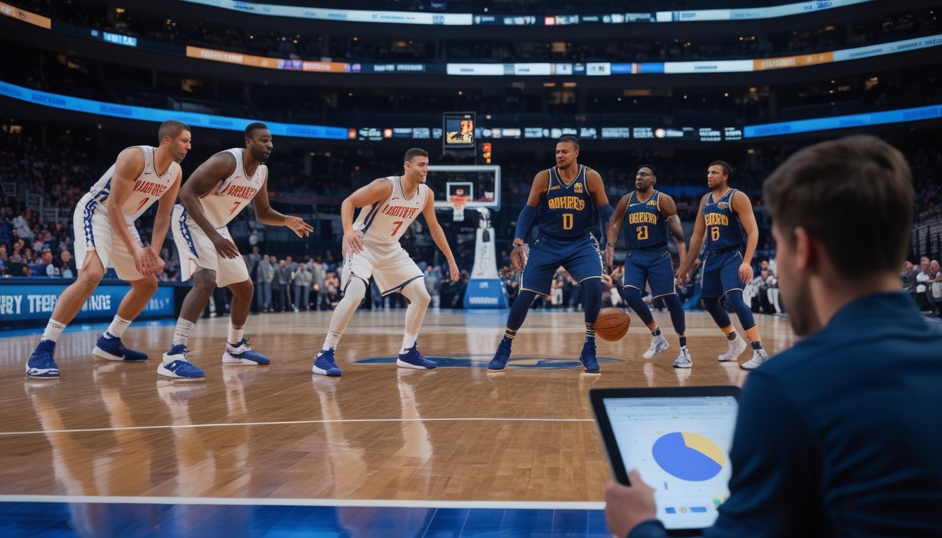 Analis mengamati pertandingan bola basket pramusim dari sisi lapangan sambil mencatat, dengan dua tim bermain di arena.