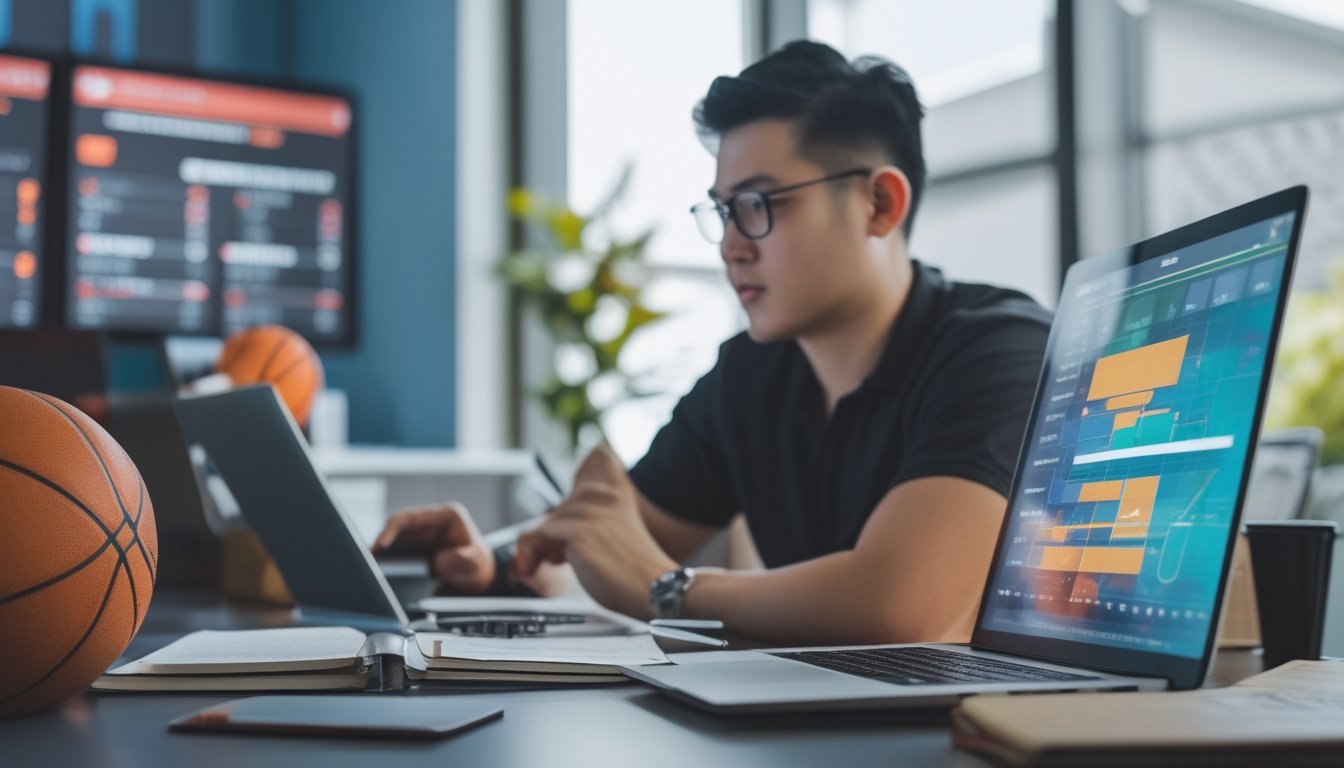 Seseorang merencanakan anggaran cashback mingguan sambil mempelajari informasi taruhan NBA di ruang kerja modern.