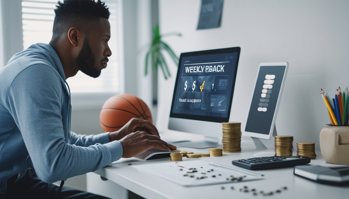 Orang dewasa sedang meninjau strategi cashback mingguan di meja kerja dengan laptop, kalkulator, catatan kosong, dan bola basket.