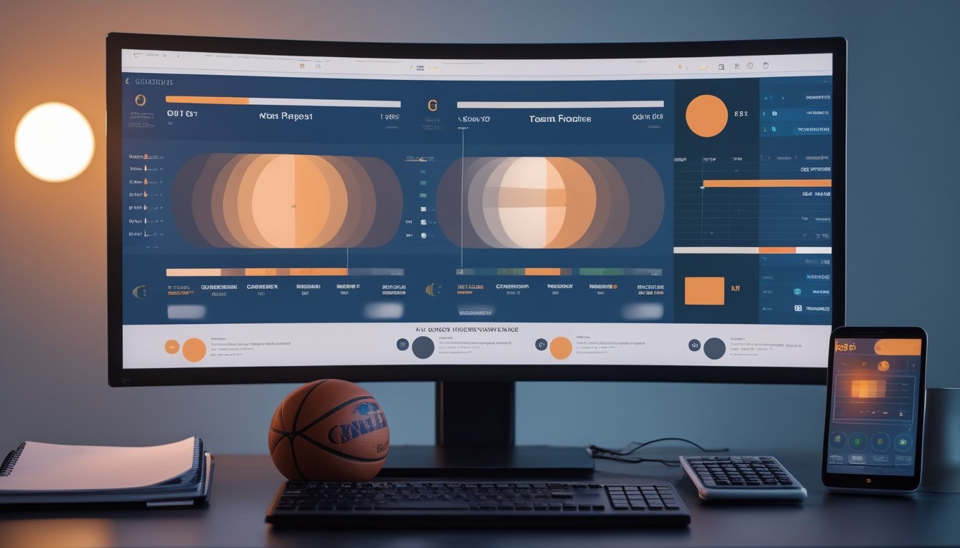 Meja analisis olahraga dengan bola basket, perangkat digital, dan grafik perbandingan pertandingan.
