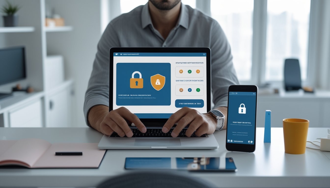 Seseorang mengamankan akun digital di meja kerja menggunakan laptop dan ponsel dengan simbol gembok serta perlindungan keamanan.