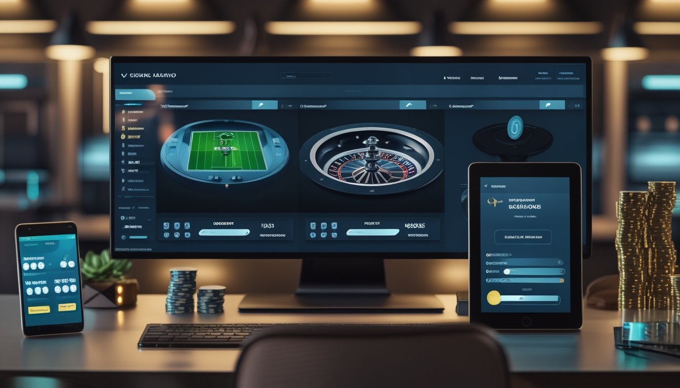 Perangkat digital menampilkan suasana pertandingan sepak bola dan permainan kasino online di meja modern.