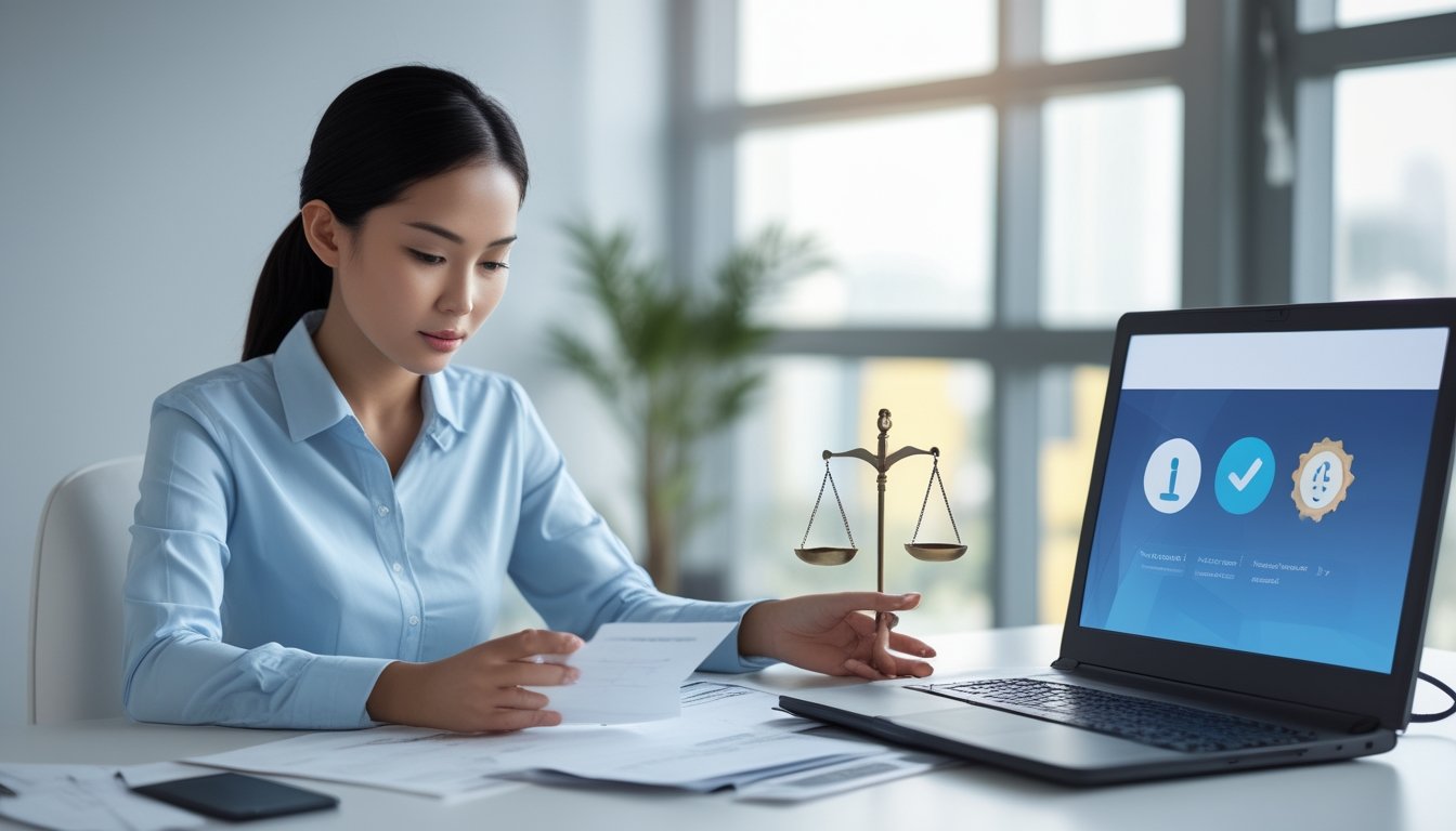 Seorang profesional Indonesia memeriksa dokumen dan laptop dengan simbol verifikasi legalitas di meja kerja.