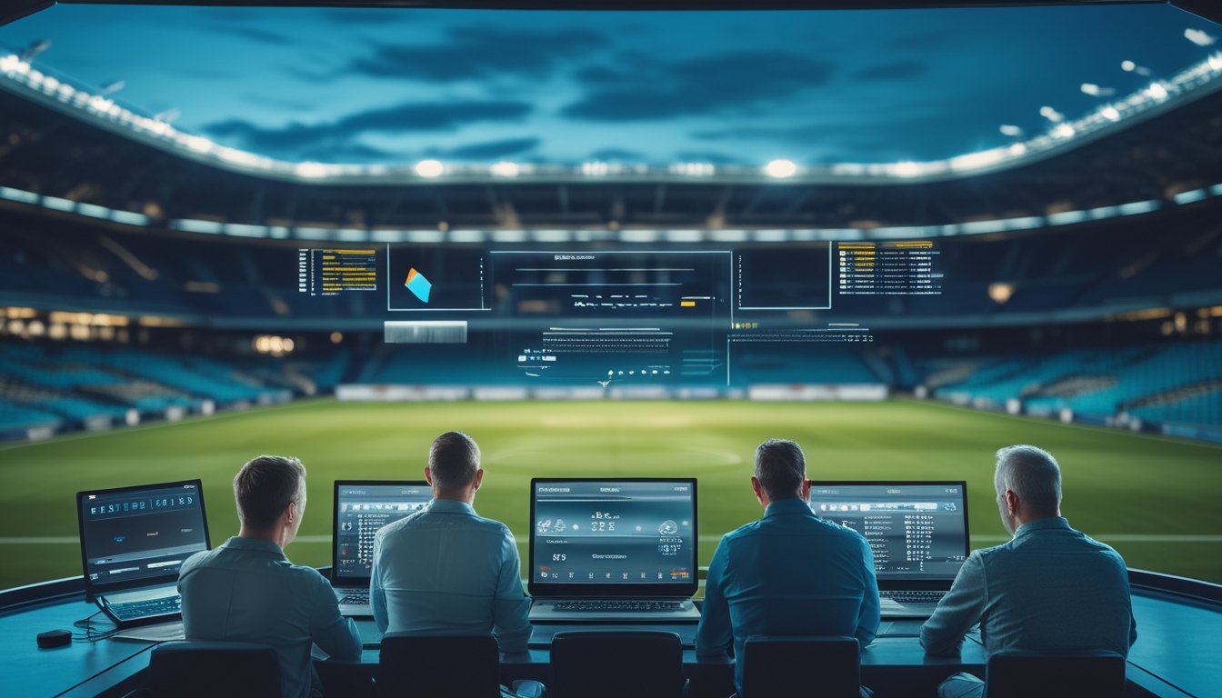 Sekelompok orang dewasa membandingkan berbagai pertandingan sepak bola melalui perangkat digital di dalam stadion modern.