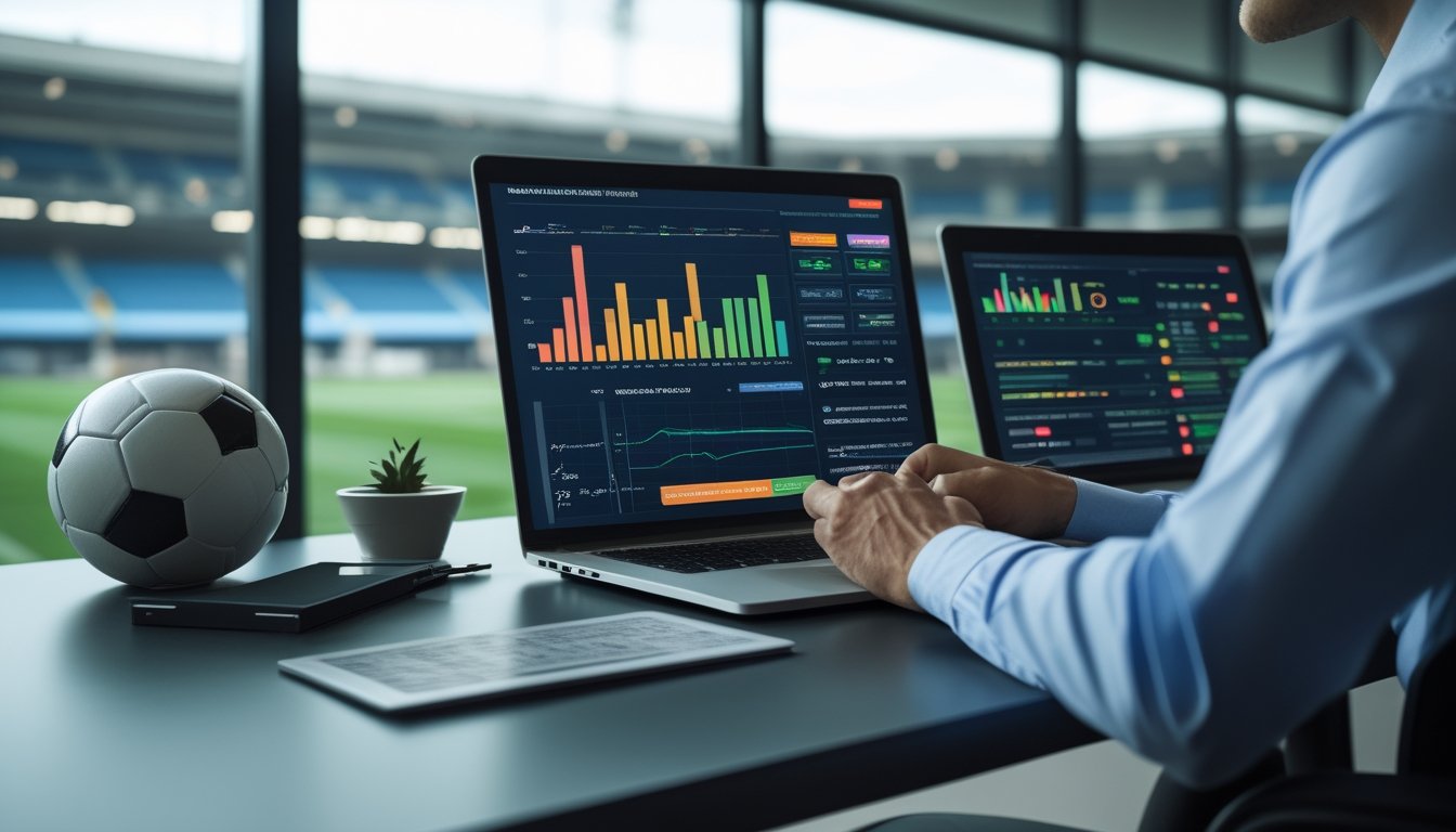 Bola sepak di ruang kerja analisis dengan laptop yang menampilkan grafik abstrak dan stadion di latar belakang.