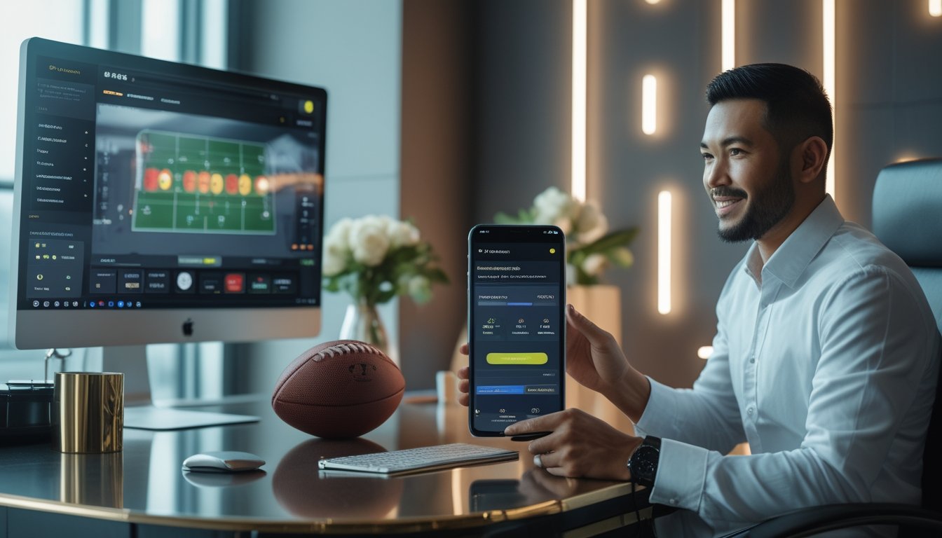 Orang dewasa meninjau platform taruhan sepak bola di komputer dan ponsel dengan suasana profesional.