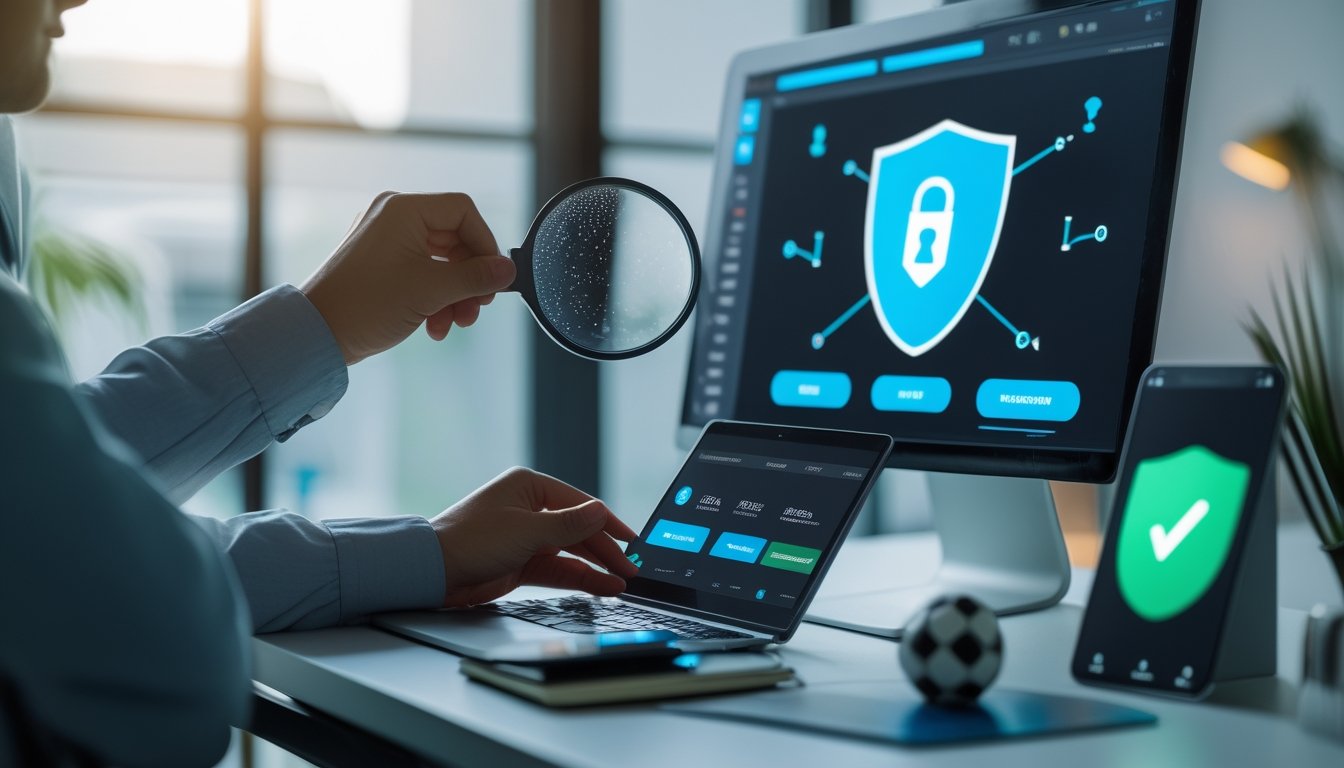 Analis memeriksa keamanan platform taruhan olahraga menggunakan laptop, kaca pembesar, dan simbol perisai digital.