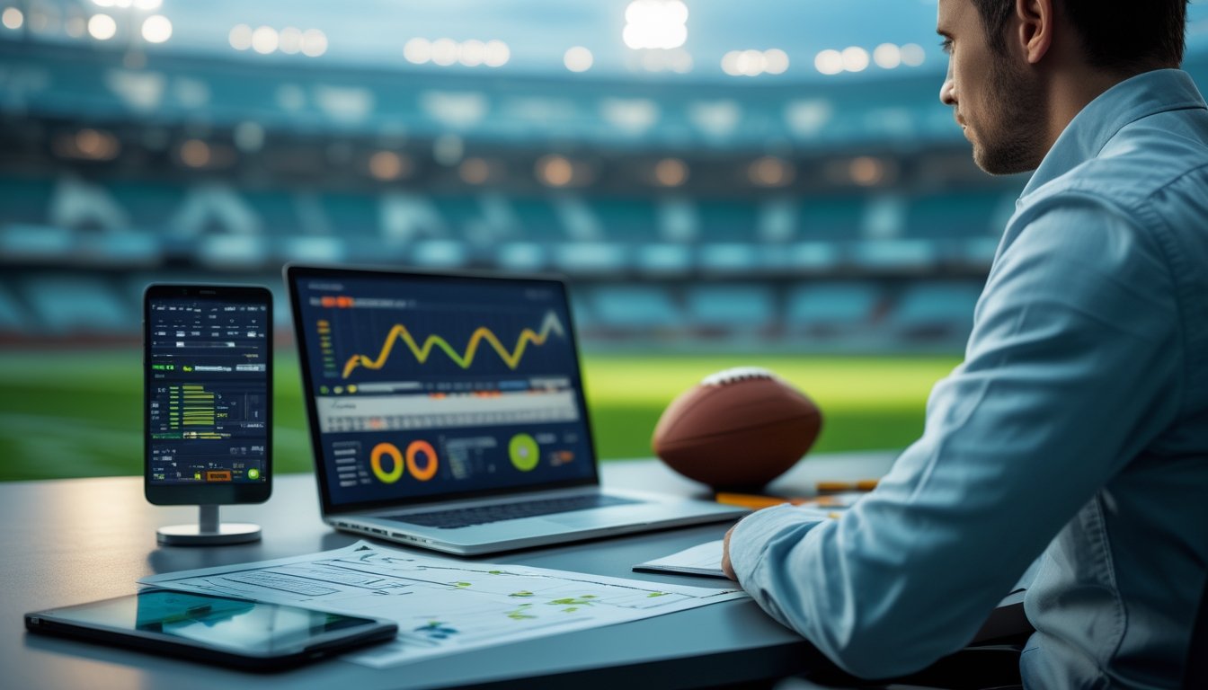 Analis sepak bola mempelajari data pertandingan di meja kerja dengan laptop, bola, dan latar stadion.