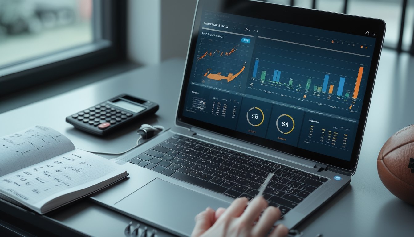 Meja kerja analis dengan laptop berisi grafik statistik sepak bola, buku catatan, kalkulator, ponsel, dan bola.