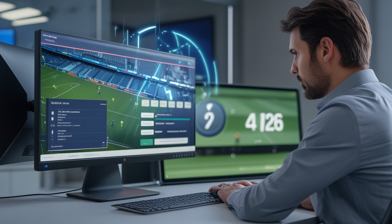 Pengguna melihat pertandingan sepak bola pada beberapa perangkat dengan tampilan digital dan koneksi cepat.