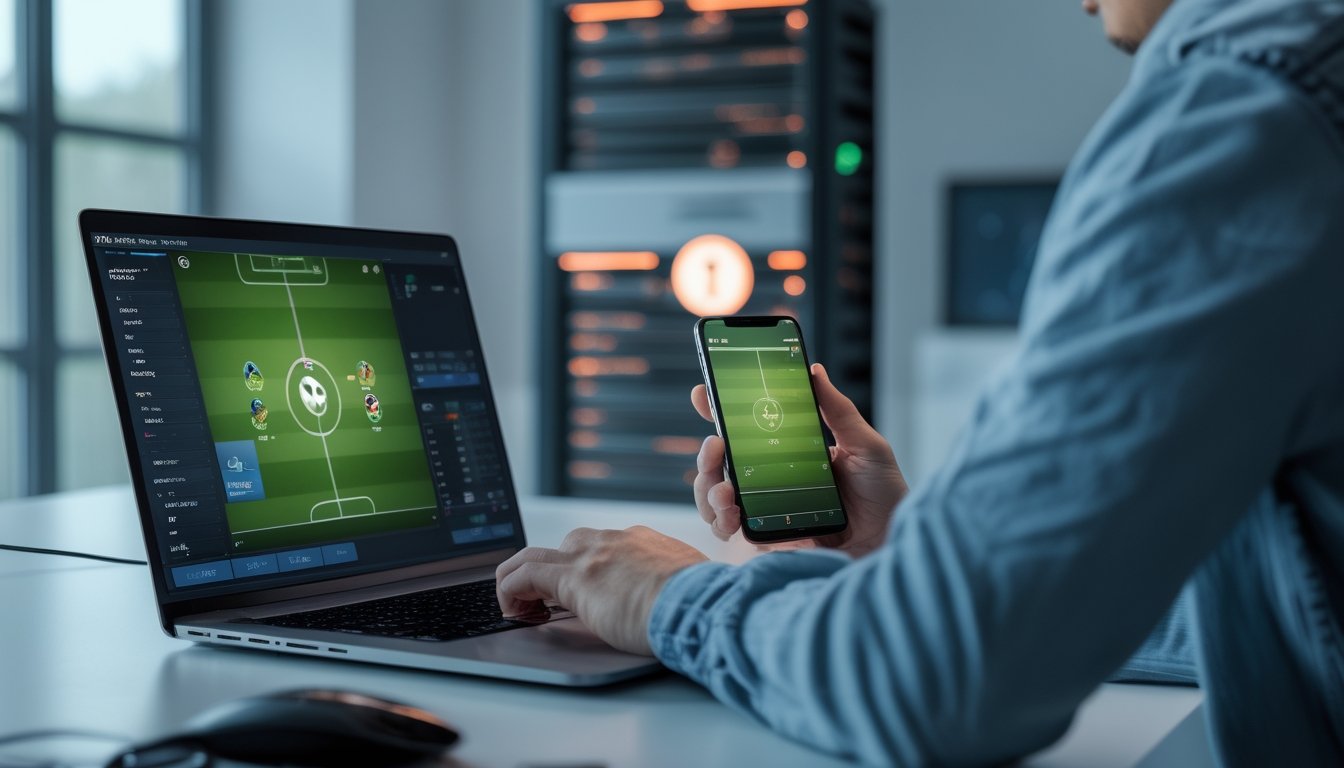 Pengguna melihat antarmuka pertandingan sepak bola pada laptop dan ponsel dengan koneksi server yang cepat.