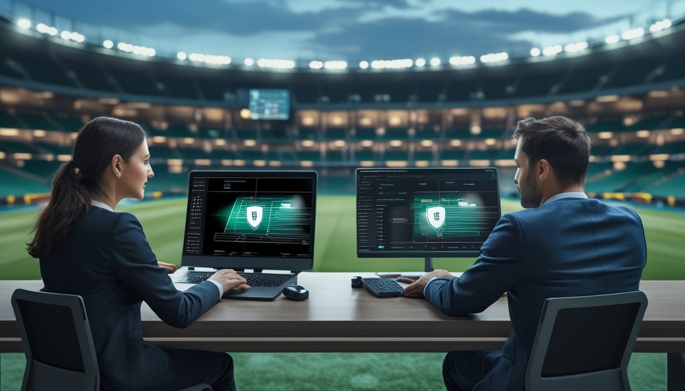 Penggemar sepak bola dewasa melihat perangkat digital dengan latar stadion sepak bola modern.