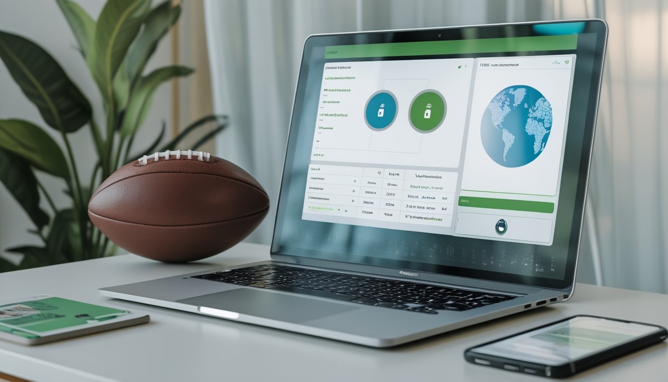 Laptop dan ponsel menampilkan antarmuka olahraga digital dengan simbol keamanan di samping bola di meja kerja.
