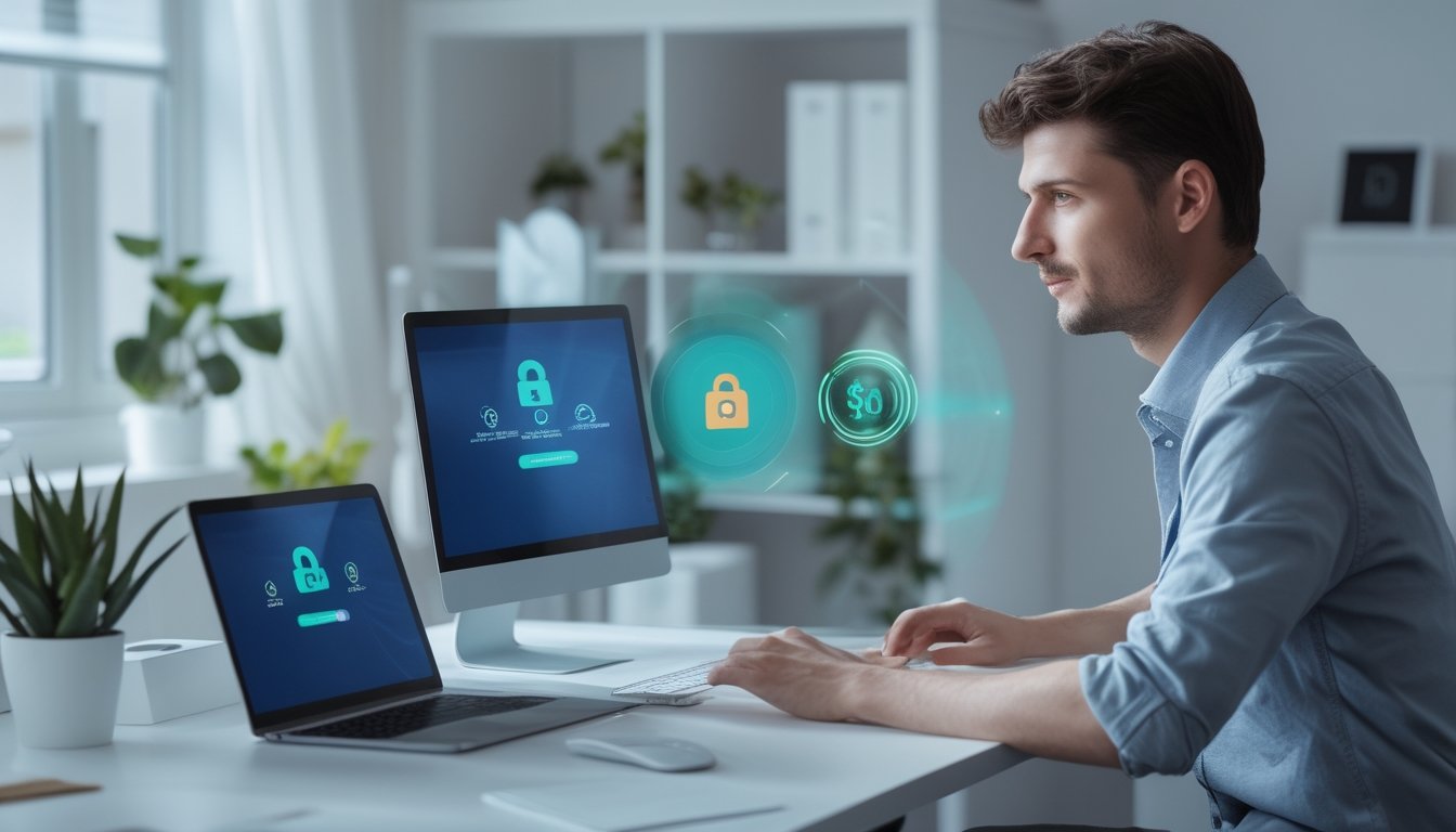 Seseorang menggunakan laptop dan ponsel untuk melakukan pembayaran digital dengan simbol keamanan.