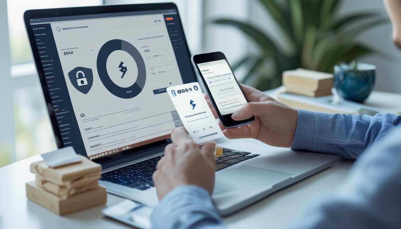 Orang dewasa memeriksa keamanan pembayaran digital dan dokumen verifikasi di meja kerja.
