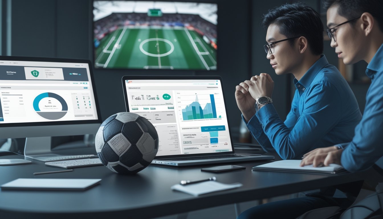 Dua profesional menganalisis statistik pertandingan sepak bola di meja kerja dengan laptop, ponsel, dan bola.