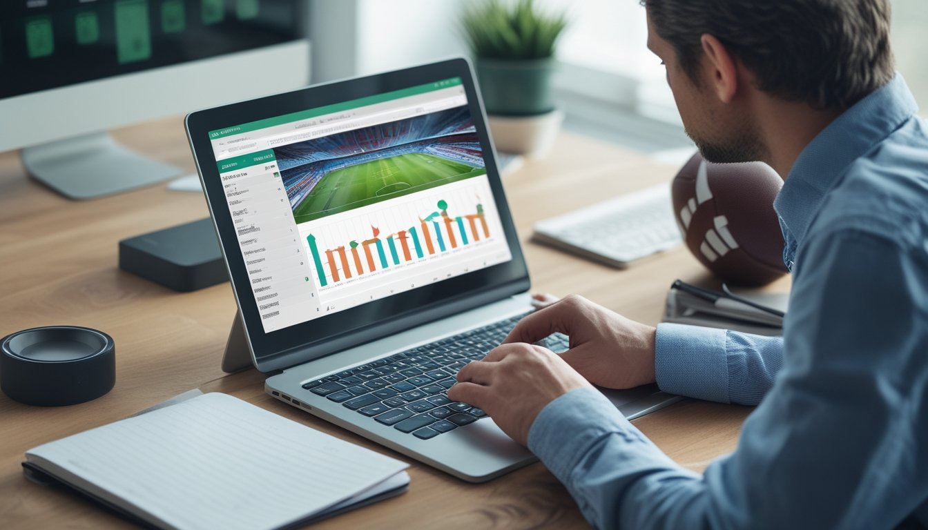 Analis meninjau perbandingan performa beberapa tim sepak bola menggunakan laptop dan tablet di ruang kerja modern.