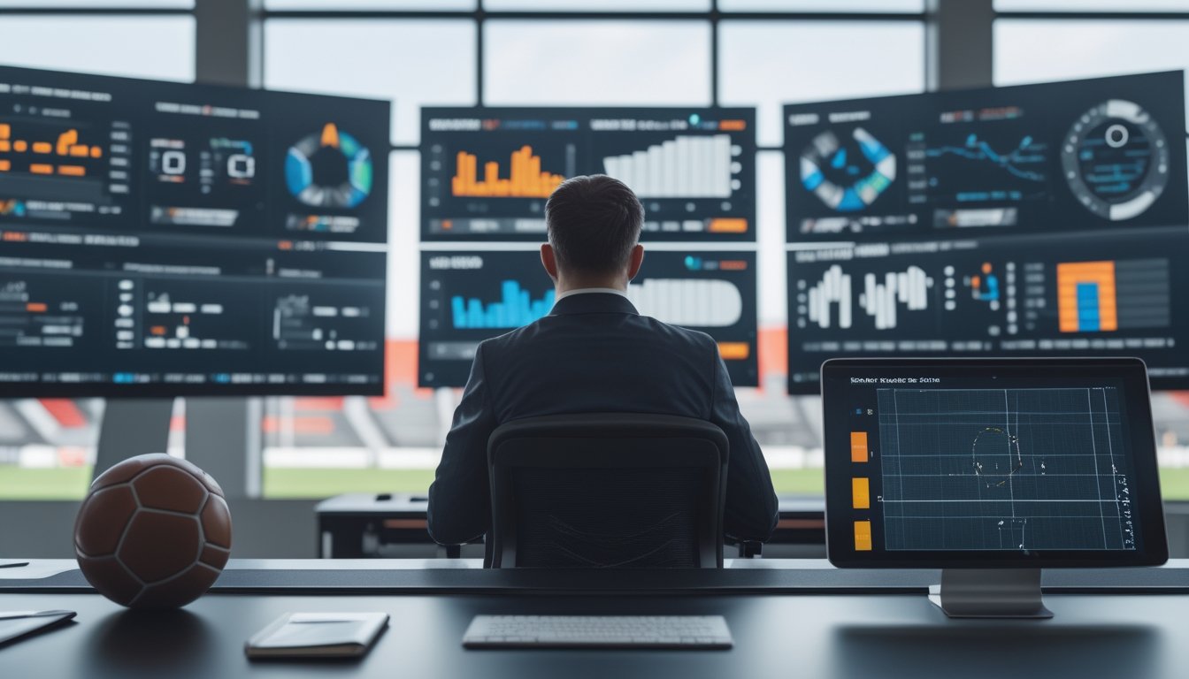 Seorang analis sepak bola membandingkan data performa tim di ruang kerja modern.