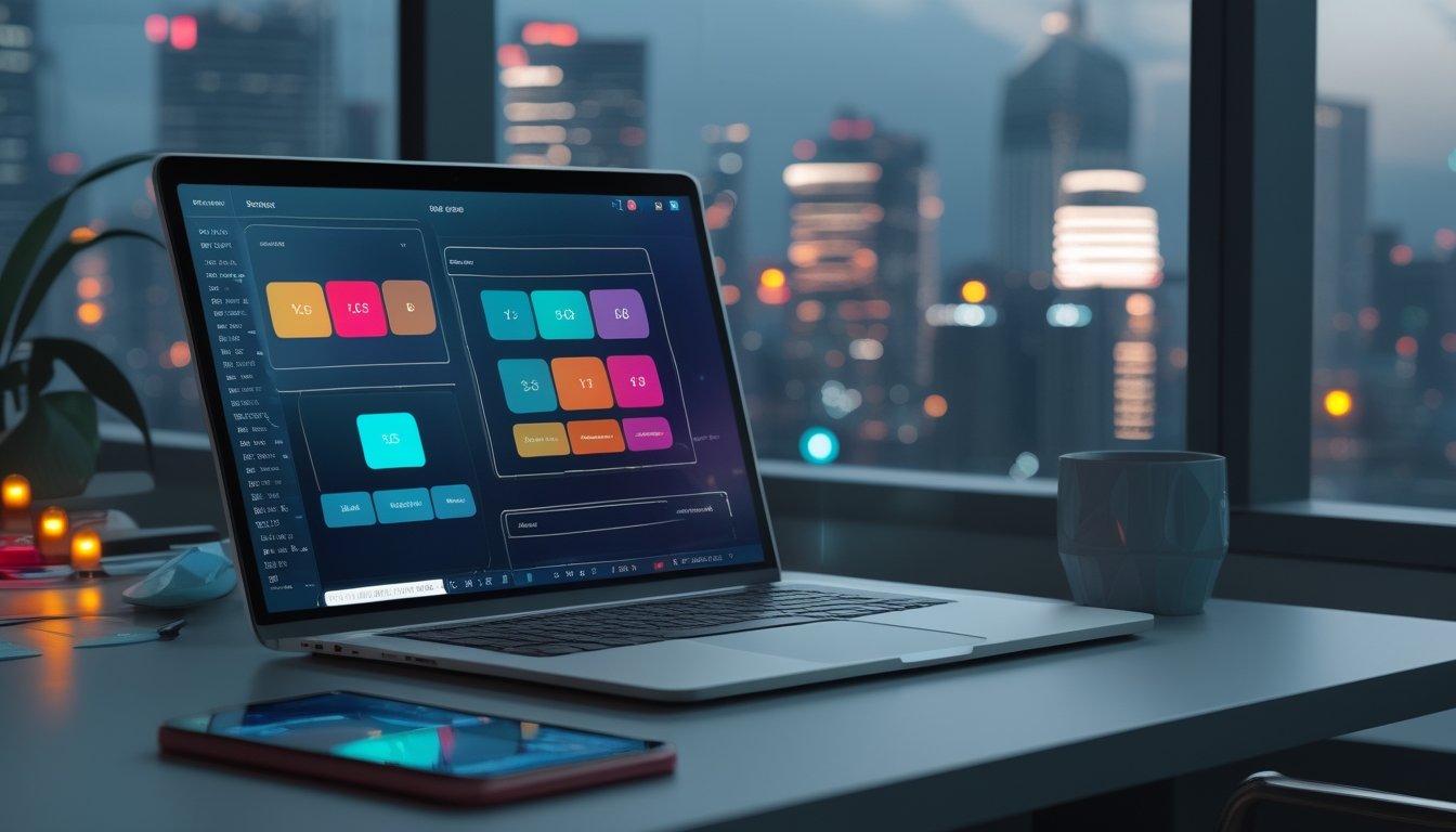 Laptop dan ponsel menampilkan pola angka abstrak di atas meja kerja modern dengan latar kota malam yang buram.