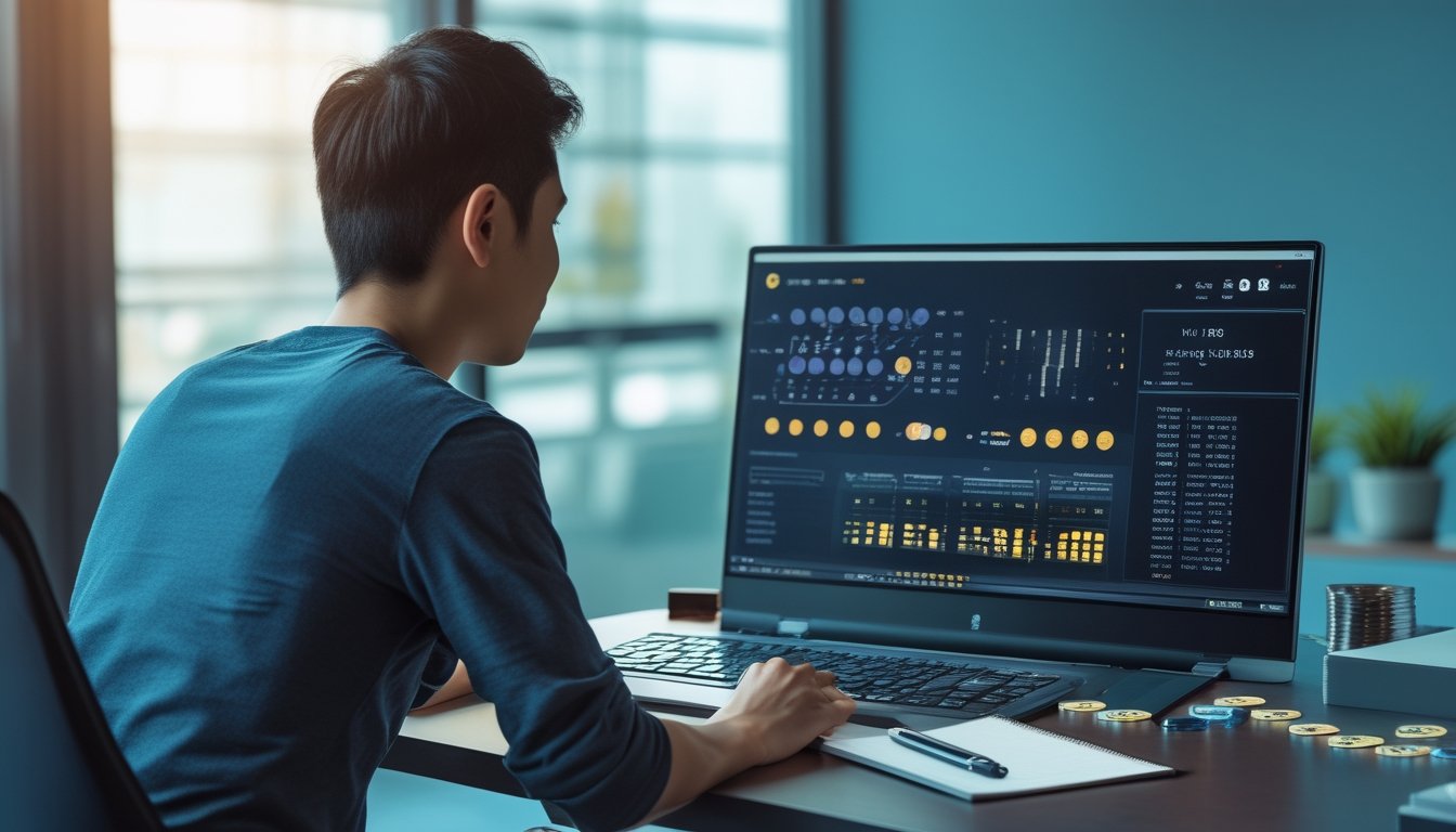 Seseorang menganalisis pola angka dan data di meja kerja dengan laptop, kalkulator, serta catatan.