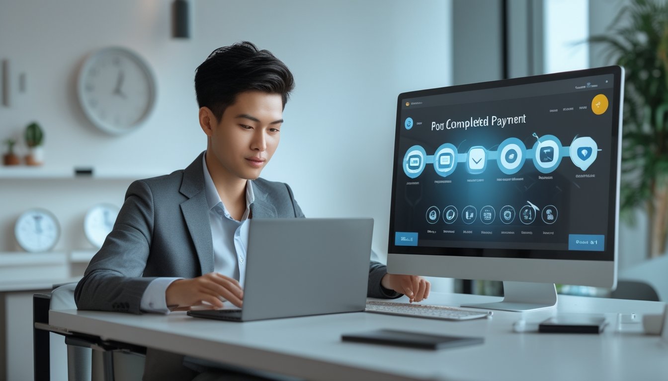Seorang profesional meninjau pembayaran digital pada laptop dan ponsel di meja kerja modern.