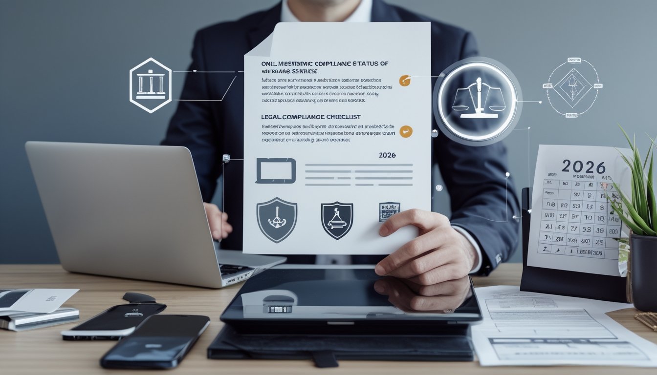 Seseorang meninjau informasi layanan daring dan daftar kepatuhan hukum di meja kerja dengan laptop dan ponsel.