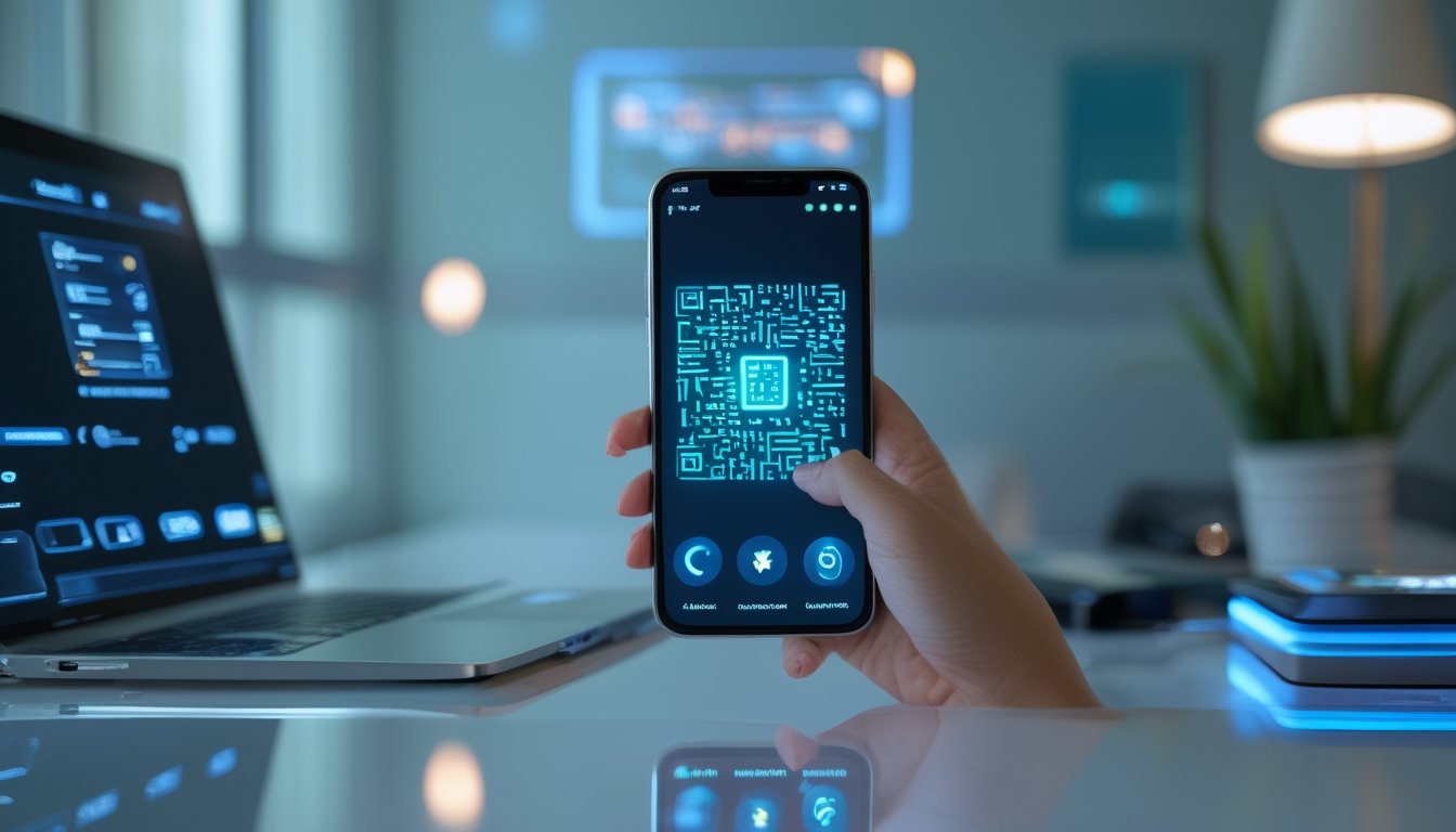 Seseorang melakukan pembayaran digital menggunakan ponsel dan kode QR di meja kerja modern.