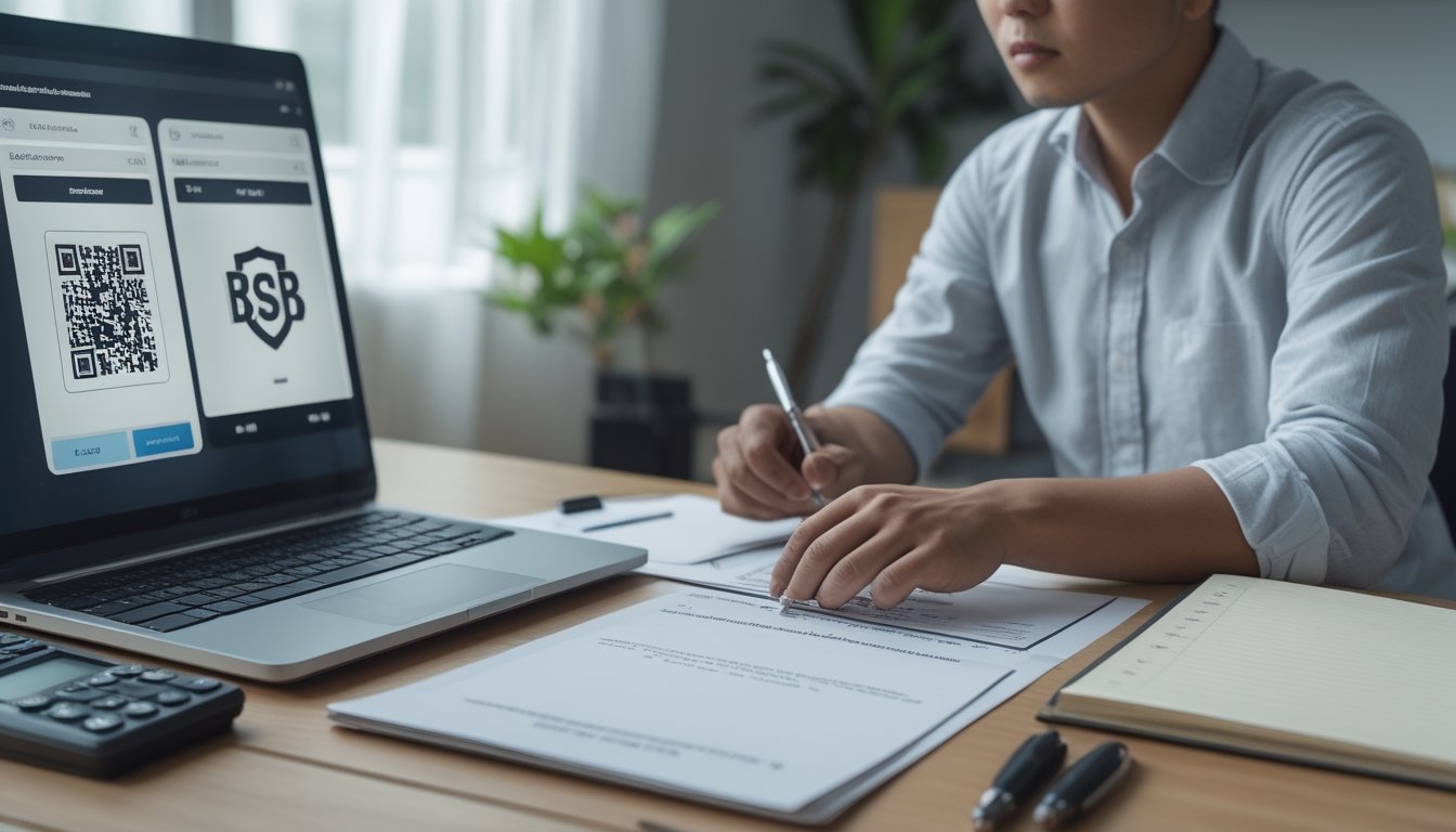 Orang dewasa Indonesia meninjau informasi hukum dan pembayaran digital di meja kerja dengan laptop, ponsel, kalkulator, dan dokumen.
