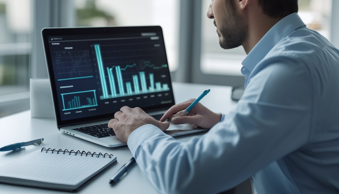 Seorang analis memeriksa grafik probabilitas abstrak di laptop dengan kalkulator dan catatan kosong di meja.