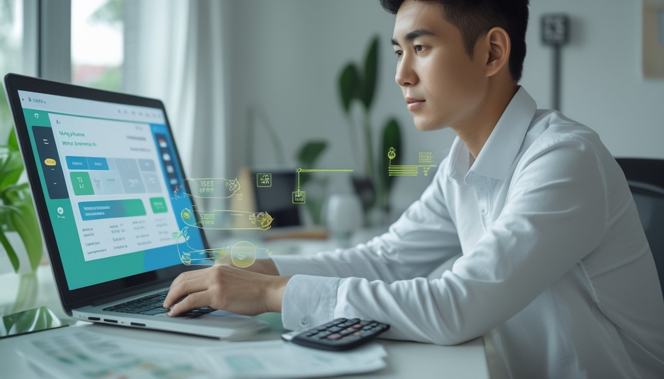 Seseorang meninjau ringkasan pembayaran digital di meja kerja dengan kalkulator dan catatan keuangan.