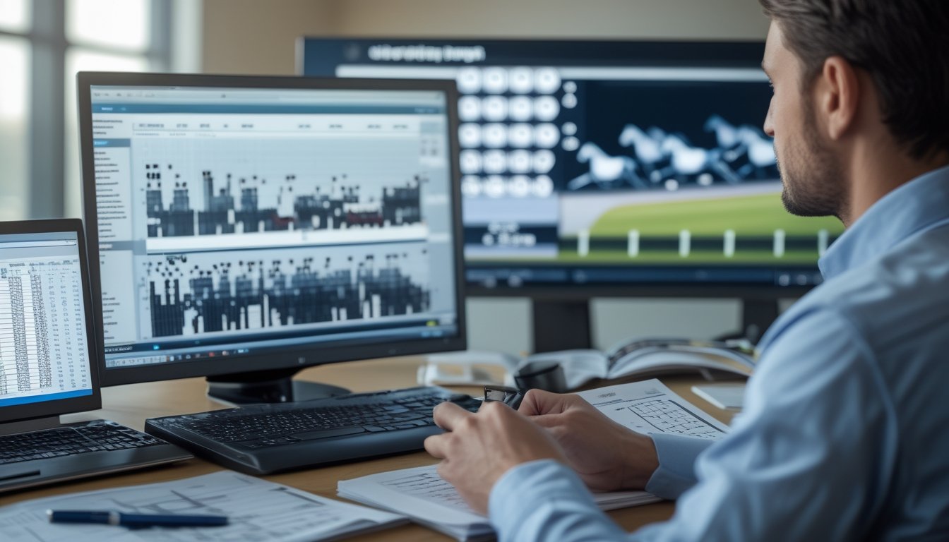 Seorang analis mempelajari data peluang pacuan kuda di laptop dengan lembar statistik dan perlengkapan kerja di meja.