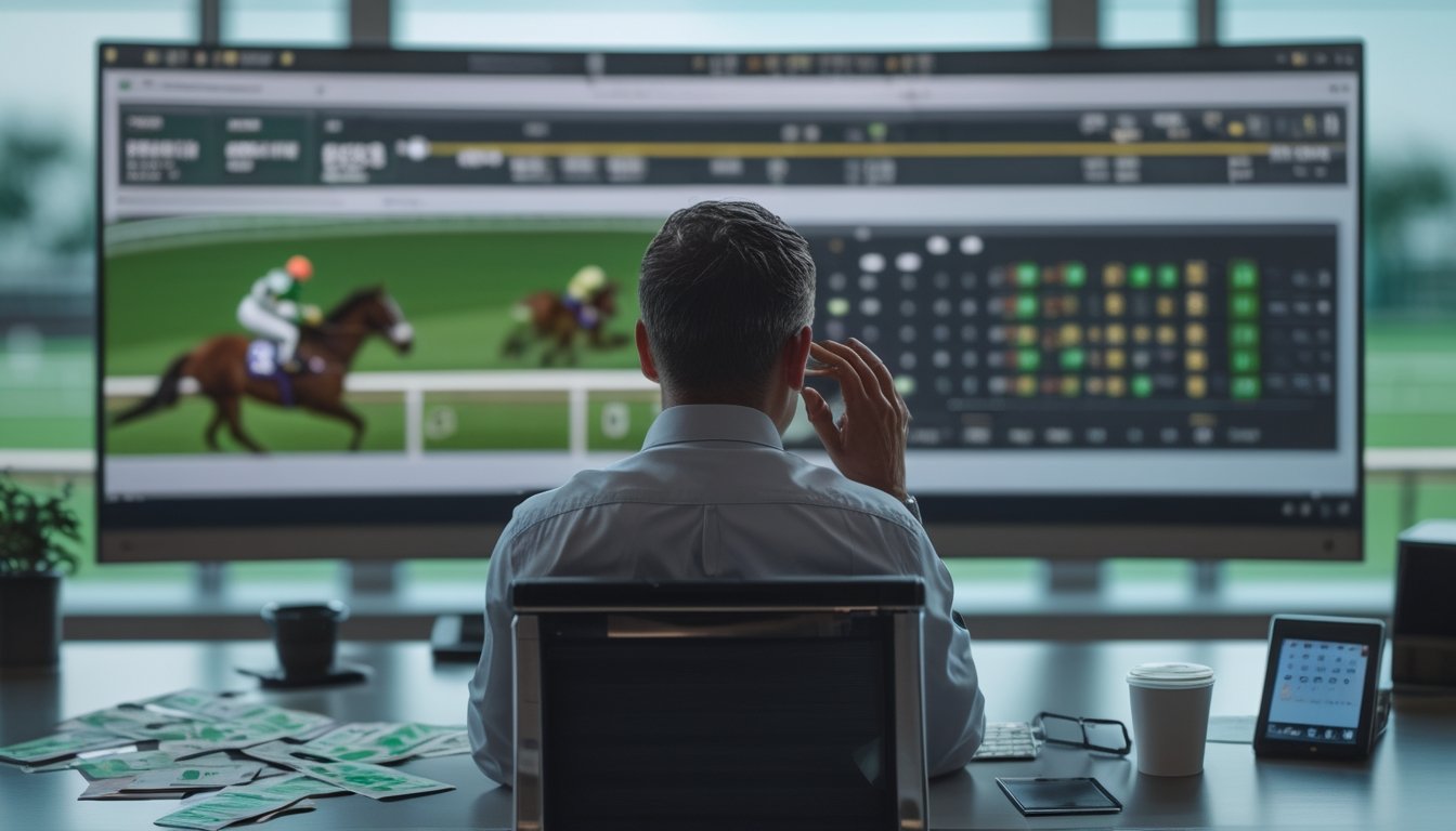 Seorang bettor menatap laptop dengan tampilan balap kuda yang buram, sementara slip taruhan dan kalkulator berada di atas meja.