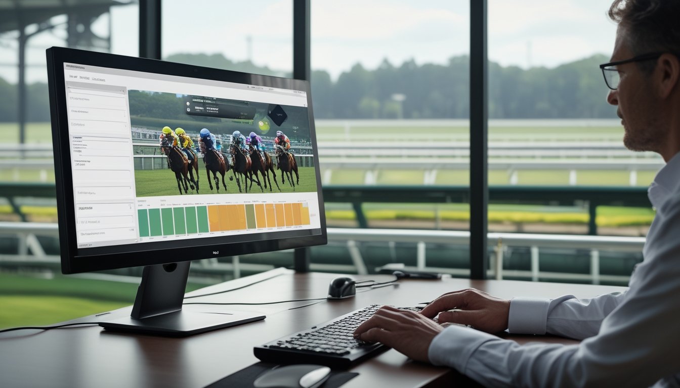 Analis mempelajari visualisasi balap kuda dan data taruhan di ruang kerja dengan latar arena pacuan kuda.
