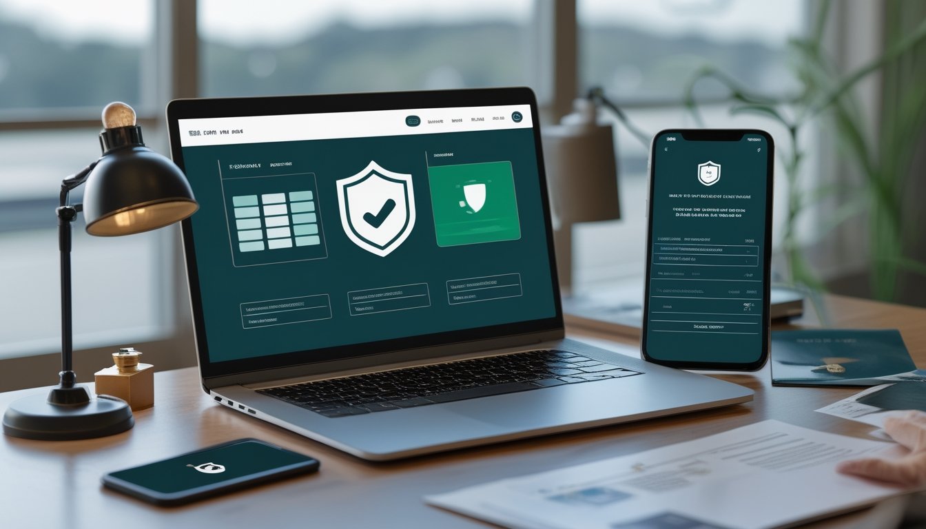 Laptop dan ponsel menampilkan antarmuka keamanan platform balap kuda online dengan simbol perisai, dokumen kosong, dan kaca pembesar.