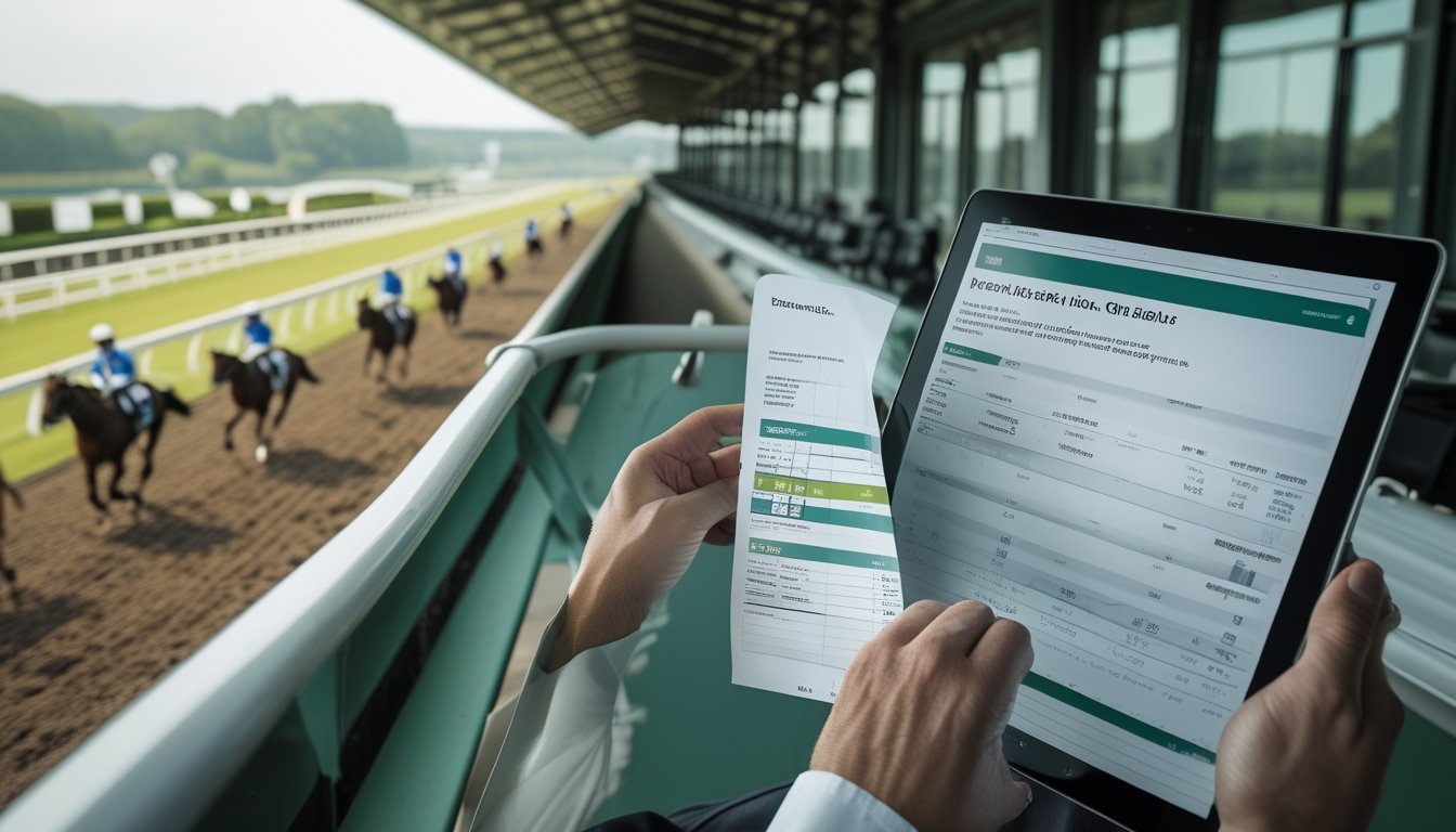 Seorang analis memeriksa data balap kuda sementara kuda dan joki bersiap di lintasan.